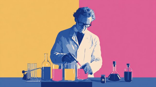 Exploring Chemical Reactions: A Scientist Engages with Colorful Solutions in a Vibrant Laboratory Setting