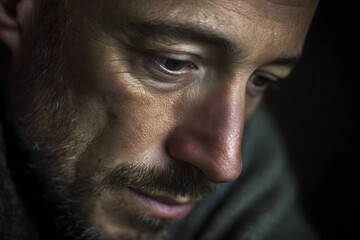 Obraz premium Close up of a thoughtful man with a beard looking down in the dark
