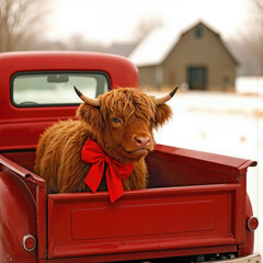 A Scottish Highland cow with a Christmas bow around its neck is in the back of a red retro pickup truck during winter