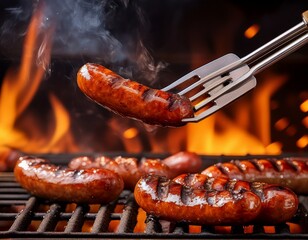 tongs holding sizzling grilled sausage over flaming barbecue grill capturing summer cookout essence with smoky appetizing aroma