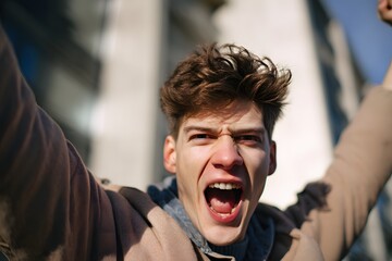 Frustrated young man screaming with arms raised outdoors in daytime