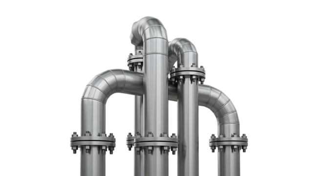 Industrial metal pipes with flanges and elbow joints, isolated on a white or transparent background, cutout, PNG - Powered by Adobe