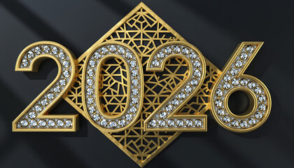 Elegant 2026 New Year design sparkles with diamonds and gold accents, luxurious style