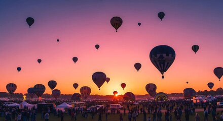 Naklejka premium Vibrant Hot Air Balloons Ascend Against a Stunning Sunset Sky.