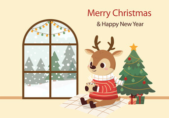 A charming graphic illustration featuring a cute reindeer sitting indoors on a blanket, drinking hot chocolate by a decorated window, next to a festive Christmas tree.