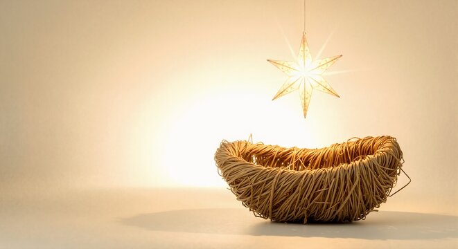 Modern Christian nativity scene with an empty manger and glowing star. Symbolic representation of the birth of Jesus. Christmas holiday background with copy space