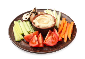 Different fresh vegetables and sauce isolated on white