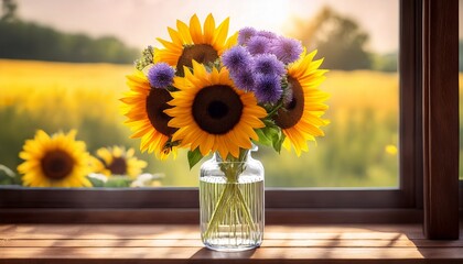 a clear vase filled with sunflowers and small purple flowers sitting on a wooden table by a window