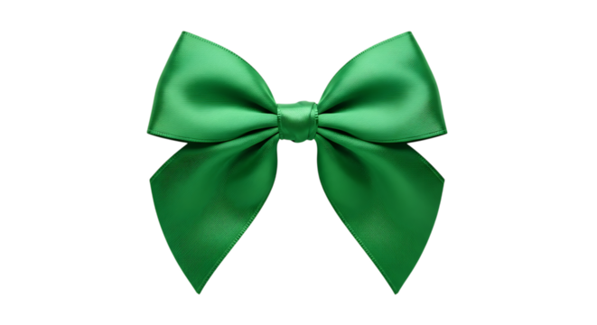 A single vibrant green satin bow with flowing loops and tails, isolated on a white or transparent background, cutout, PNG