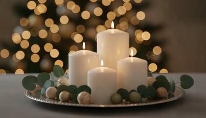 Glowing candle centerpiece surrounded by decorative accents creating a serene festive evening environment