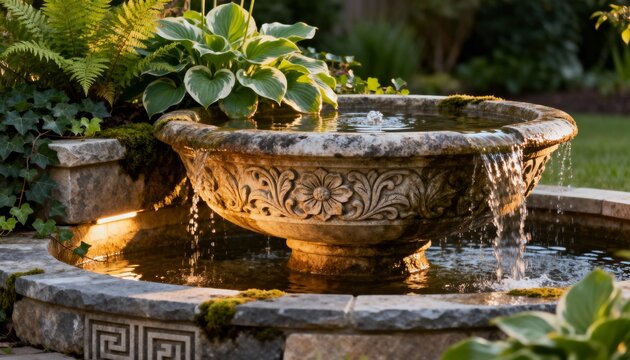 Medium shot of a custom stone fountain with flowing water surrounded by lush garden greenery highlighting intricate carved details and natural stone textures. - Powered by Adobe