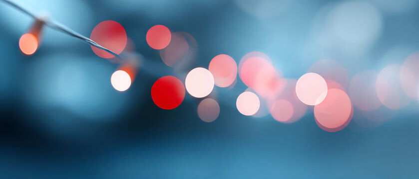 Abstract close-up of colorful bokeh lights with red and white glowing orbs on a blurred blue background