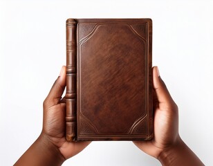 hand holding an old antique leather bound book isolated on white background hand holding closed book mockup isolated on white background