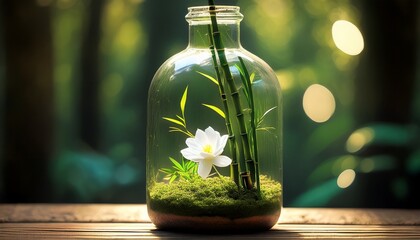 a clear glass bottle terrarium featuring bamboo stalks moss and a single white flower inside it on a table