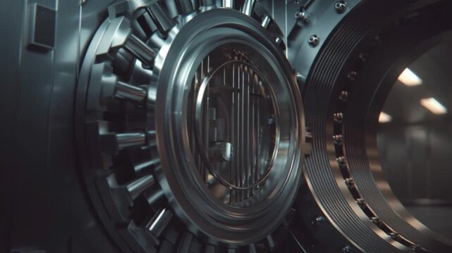 A cinematic moment capturing a bank vault dramatically opening, revealing treasures, cash, and valuables behind heavy steel doors, with suspenseful lighting, metallic shine, and intense tension