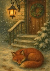 Naklejka premium Cozy fox winter scene