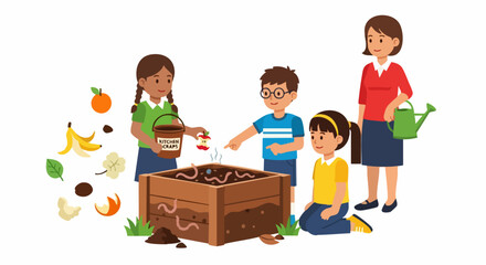 Children learning about composting with a teacher in the garden.