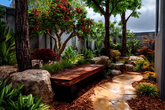 A peaceful garden scene features a winding stone path surrounded by vibrant plants and trees. A wooden bench invites visitors to relax and enjoy the tranquil setting
