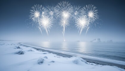 Blue winter landscape with snow-covered trees, snowflakes, and celebration light for a Christmas holiday illustration