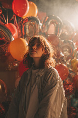 Moody portrait of a young person standing among glowing balloons and warm festive lights