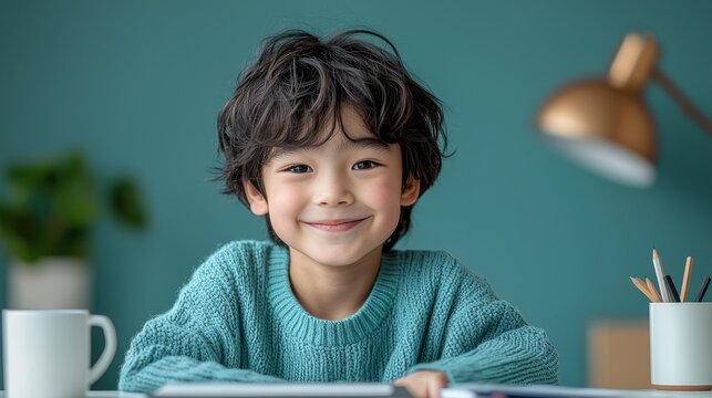 A young boy with curly hair smiling at a desk with a mug and art supplies nearby