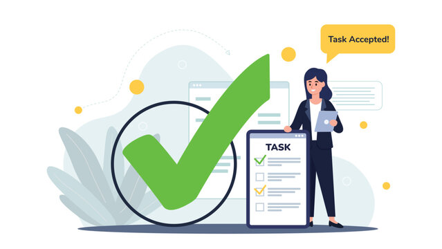 Accepts completed task concept, large green checkmark and task list. Concept success, approval and productivity. Flat Vector illustration.