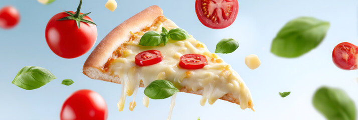 Delicious slice of pizza topped with fresh tomatoes and basil leaves, floating against a light blue background, showcasing vibrant colors and appetizing textures, perfect for food lovers