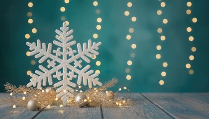 Golden Christmas tree on snow with snowflake decorations, perfect for a cold winter holiday celebration