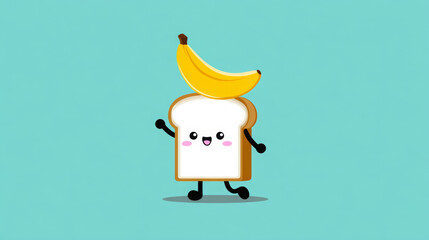 Fototapeta premium Cute cartoon character of a smiling slice of bread with a banana on its head, showcasing a playful and whimsical design in a vibrant turquoise background