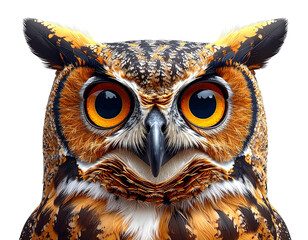 Curious brown owl with large round eyes, nocturnal bird, transparent background.