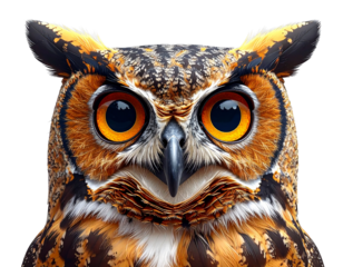 Curious brown owl with large round eyes, nocturnal bird, transparent background.