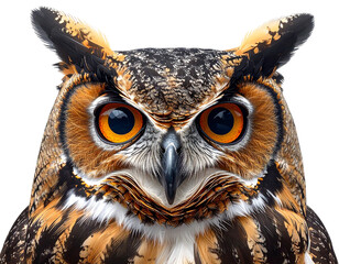 Curious brown owl with large round eyes, nocturnal bird, transparent background.