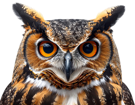 Curious brown owl with large round eyes, nocturnal bird, transparent background.