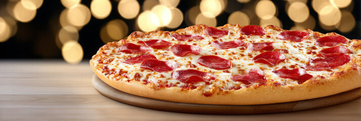 Delicious pepperoni pizza on a wooden serving board, with a blurred background of warm bokeh lights, creating a festive and inviting atmosphere for food lovers