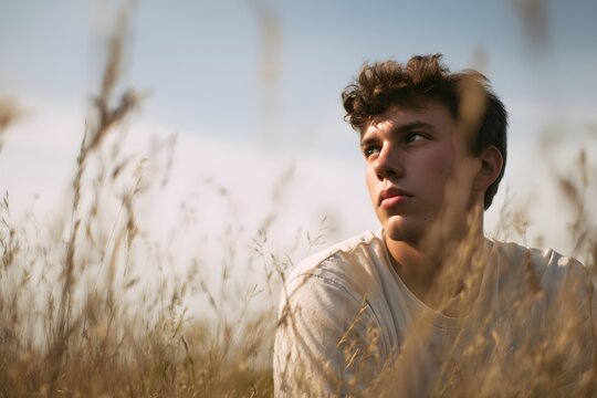 Young man gazes into the distance while sitting in a field of wheat