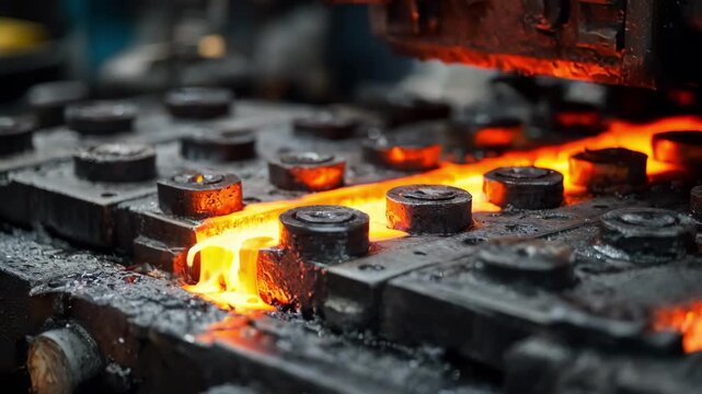 Medium angle on cavity steel forging mold during operation focusing on molten metal being shaped into uniform cavities for massproduction with exceptional consistency.