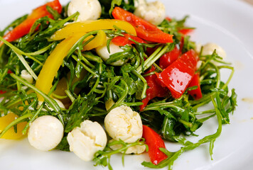 Sandwiches with tomatoes, mozzarella balls, arugula on white plate light textured background with ingredients. Italian bruschetta set, antipasti. Vertical. High quality photo