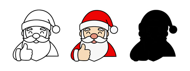 Three Santa Claus Icon Variations with Outline, Color, and Silhouette