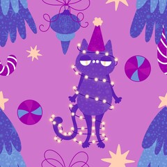 Cartoon funny cats seamless Christmas pattern for wrapping paper and kids clothes print and festive packaging