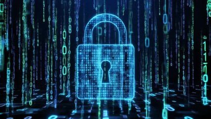 Digital cyber security padlock with binary code background, data protection concept 3D animation 4k - Powered by Adobe