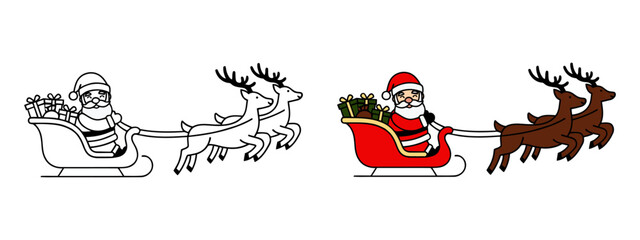 Naklejka premium Santa Claus riding in his sleigh being pulled by two reindeer with gifts, black and white outline and color versions
