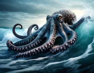 Una gigantesca piovra sulle onde del mare