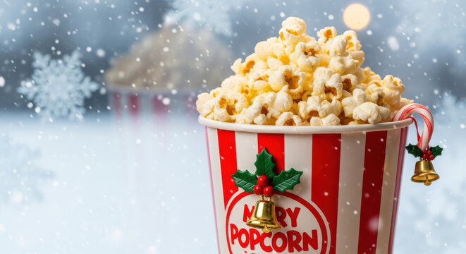 Enjoying festive Christmas movie night popcorn, a cozy holiday treat, perfect for seasonal celebrations and sharing joyful moments with family and friends