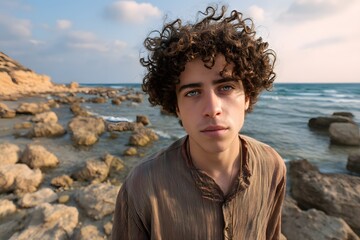 Young man with curly hair standing on a rocky seashore at sunset