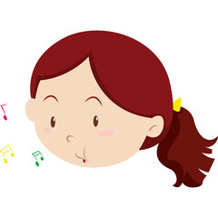 Close Up Portrait Of A Young Girl With Brown Hair And A Yellow Hair Tie Whistling Musical Notes In The Air Isolated On A White Background
