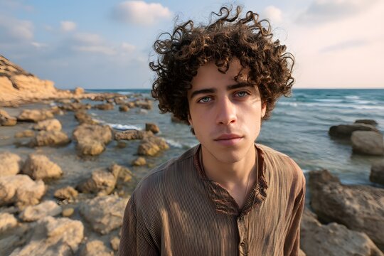 Young man with curly hair standing on a rocky seashore at sunset