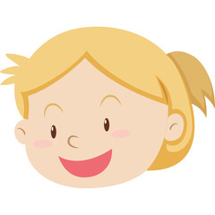 Cartoon Face of a Happy Young Girl with Blonde Ponytail and Pink Cheeks Smiling Brightly against a Transparent Background