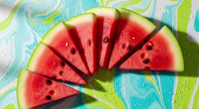 Watermelon slices arranged on a colorful background with water droplets creating a refreshing summer vibe