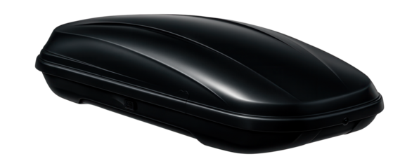 Aerodynamic roof cargo box with a sleek black finish.