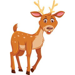 Cartoon Deer with Antlers and Spots Standing on Transparent Background Playful Expression and Brown Fur with Orange Accents